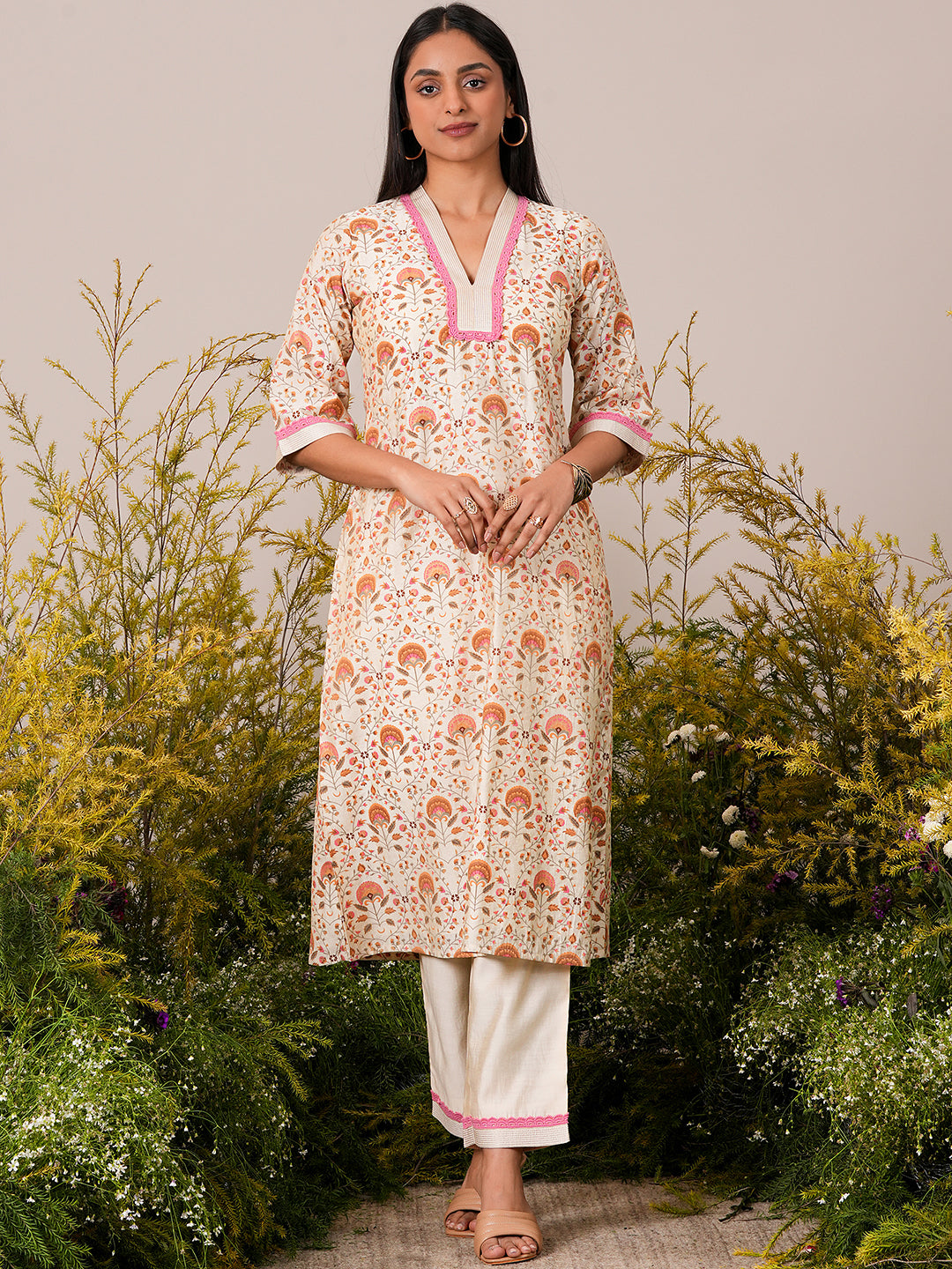  Beige Printed Chanderi Silk A-Line Kurta With Palazzos 