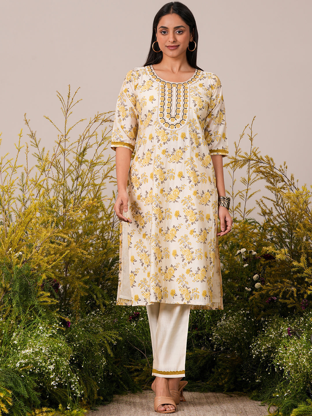  Beige Printed Chanderi Silk Straight Kurta With Trousers 