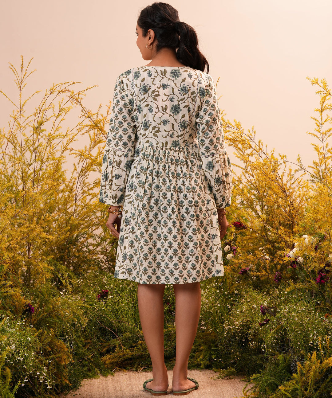  Beige Printed Cotton A-Line Dress 