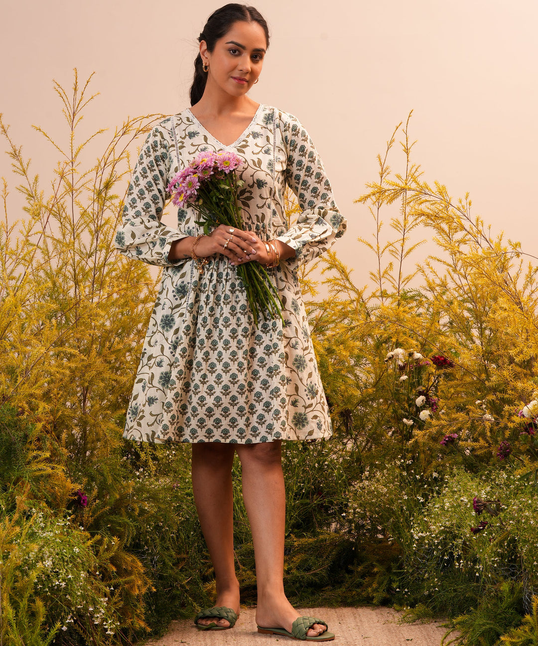  Beige Printed Cotton A-Line Dress 