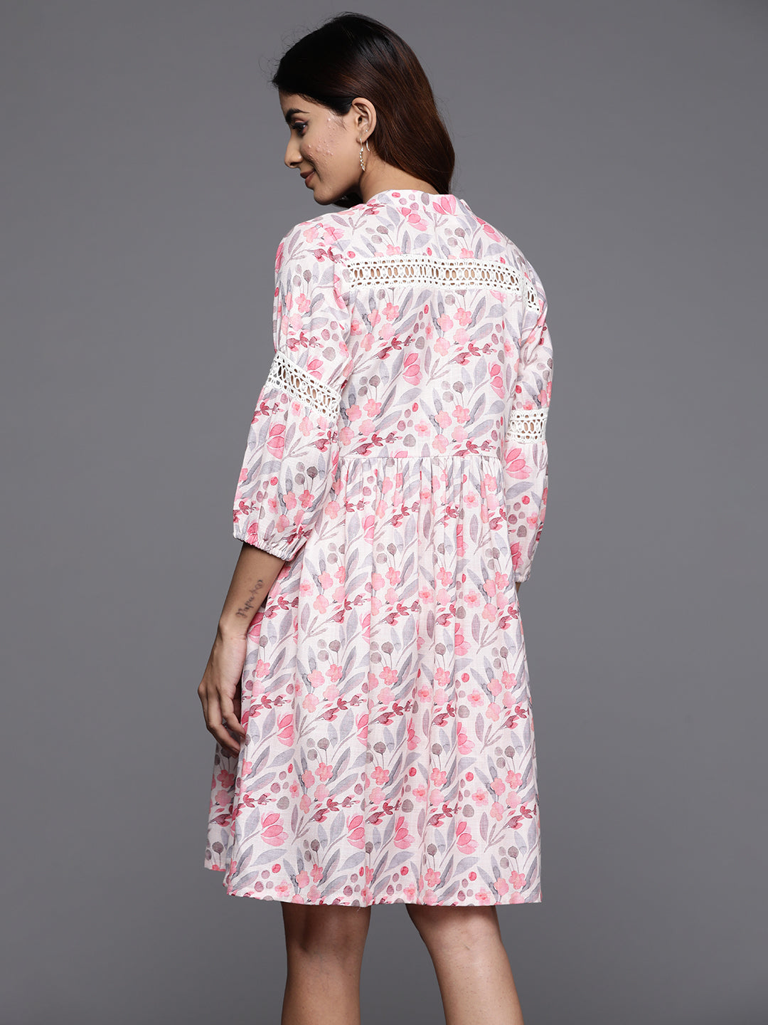  Beige Printed Cotton Fit and Flare Dress 