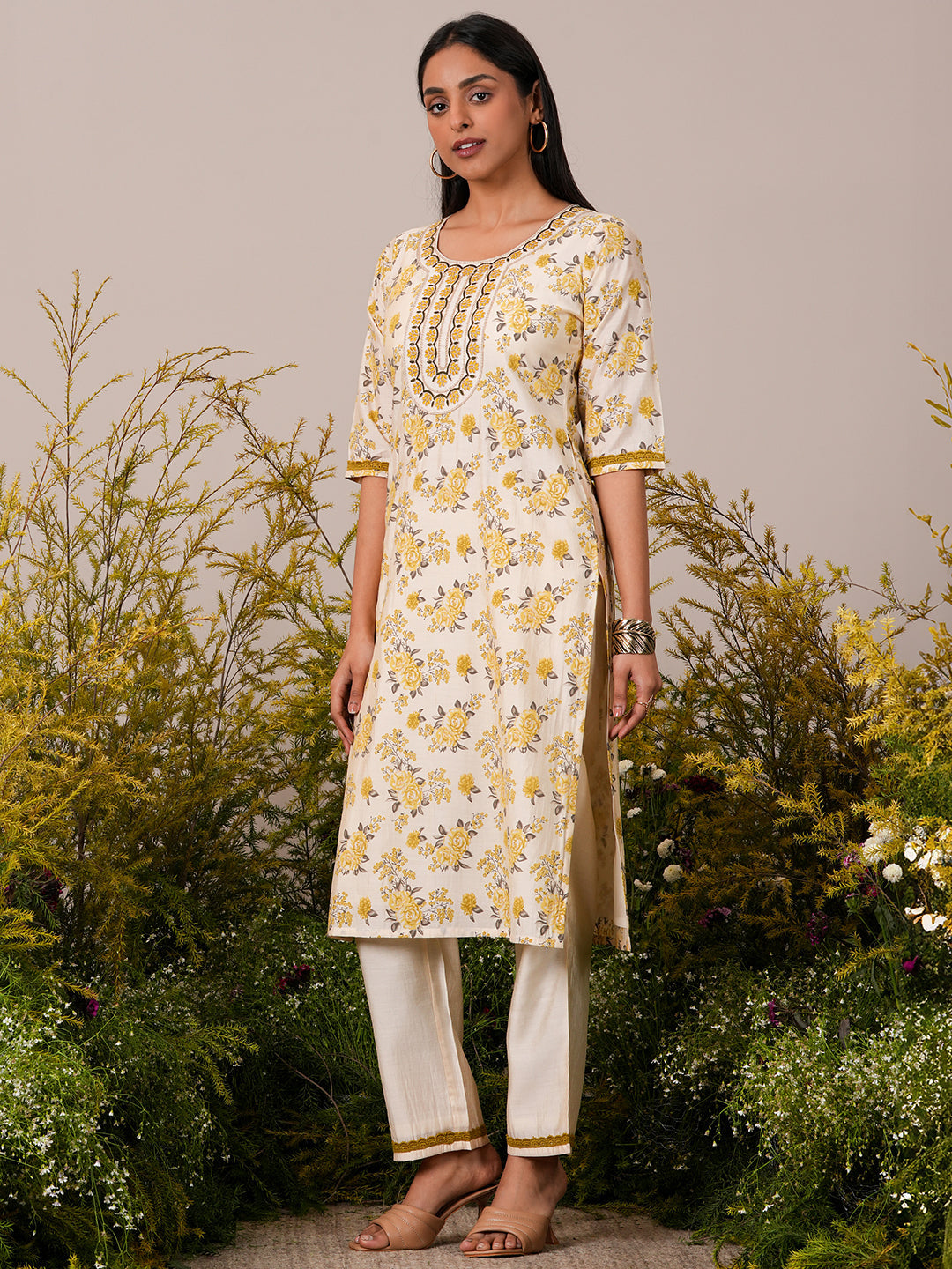  Beige Printed Chanderi Silk Straight Kurta With Trousers 