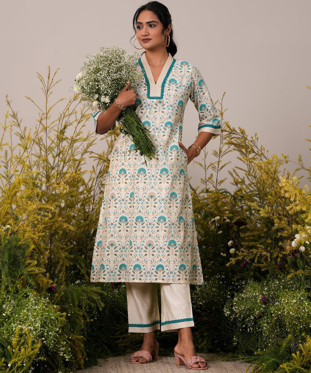  Beige Printed Chanderi Silk A-Line Kurta With Palazzos 