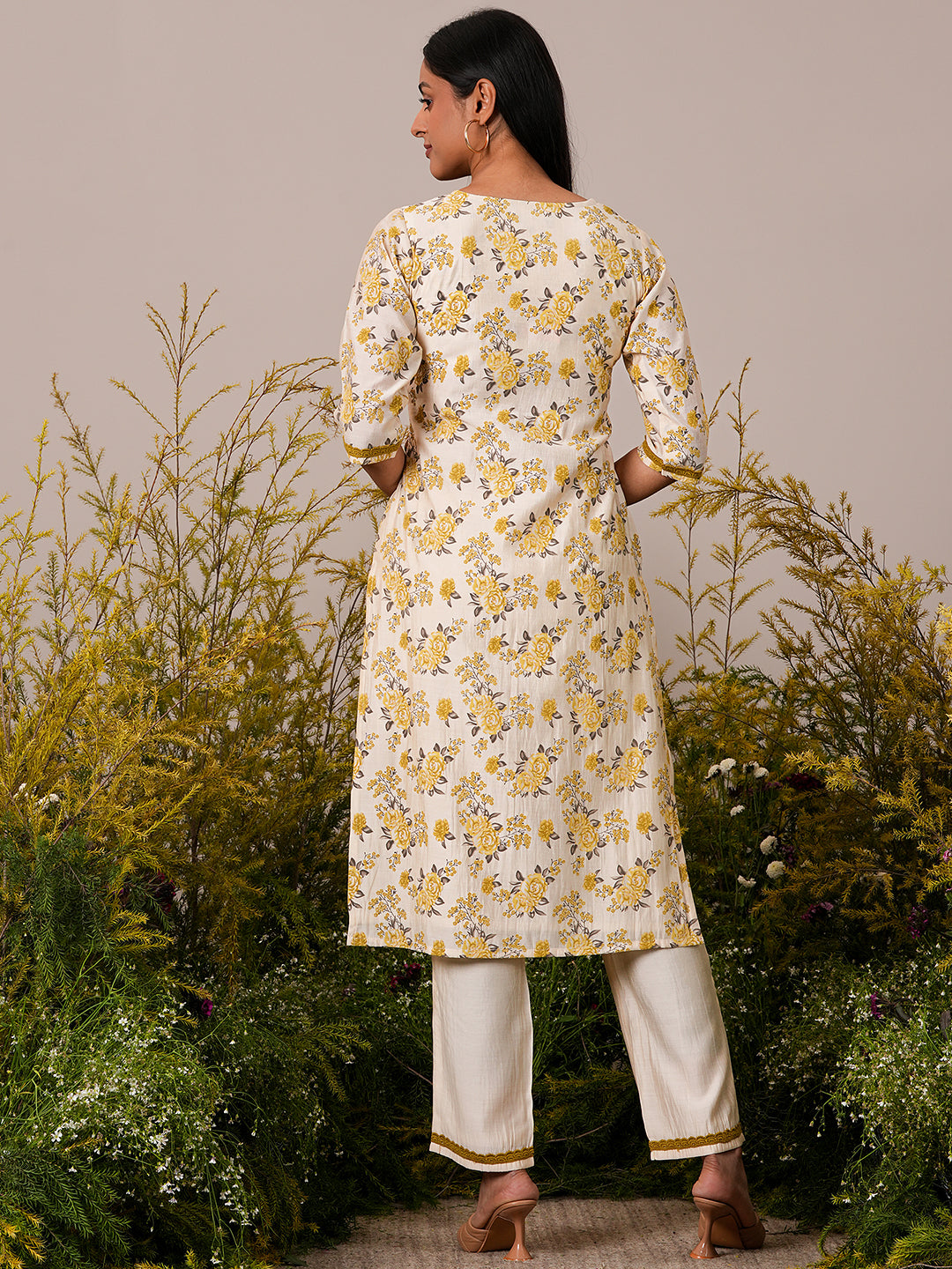  Beige Printed Chanderi Silk Straight Kurta With Trousers 