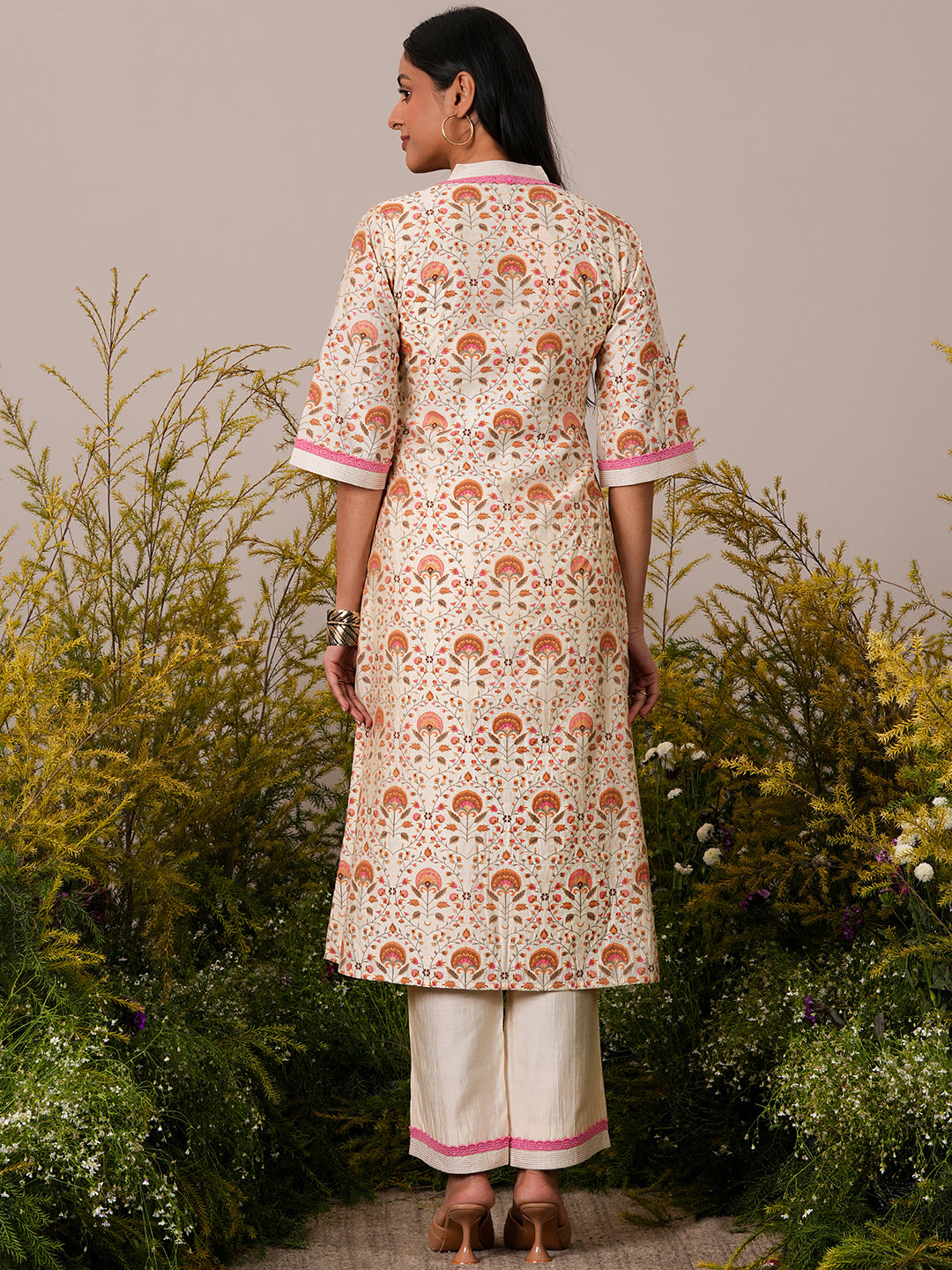  Beige Printed Chanderi Silk A-Line Kurta With Palazzos 