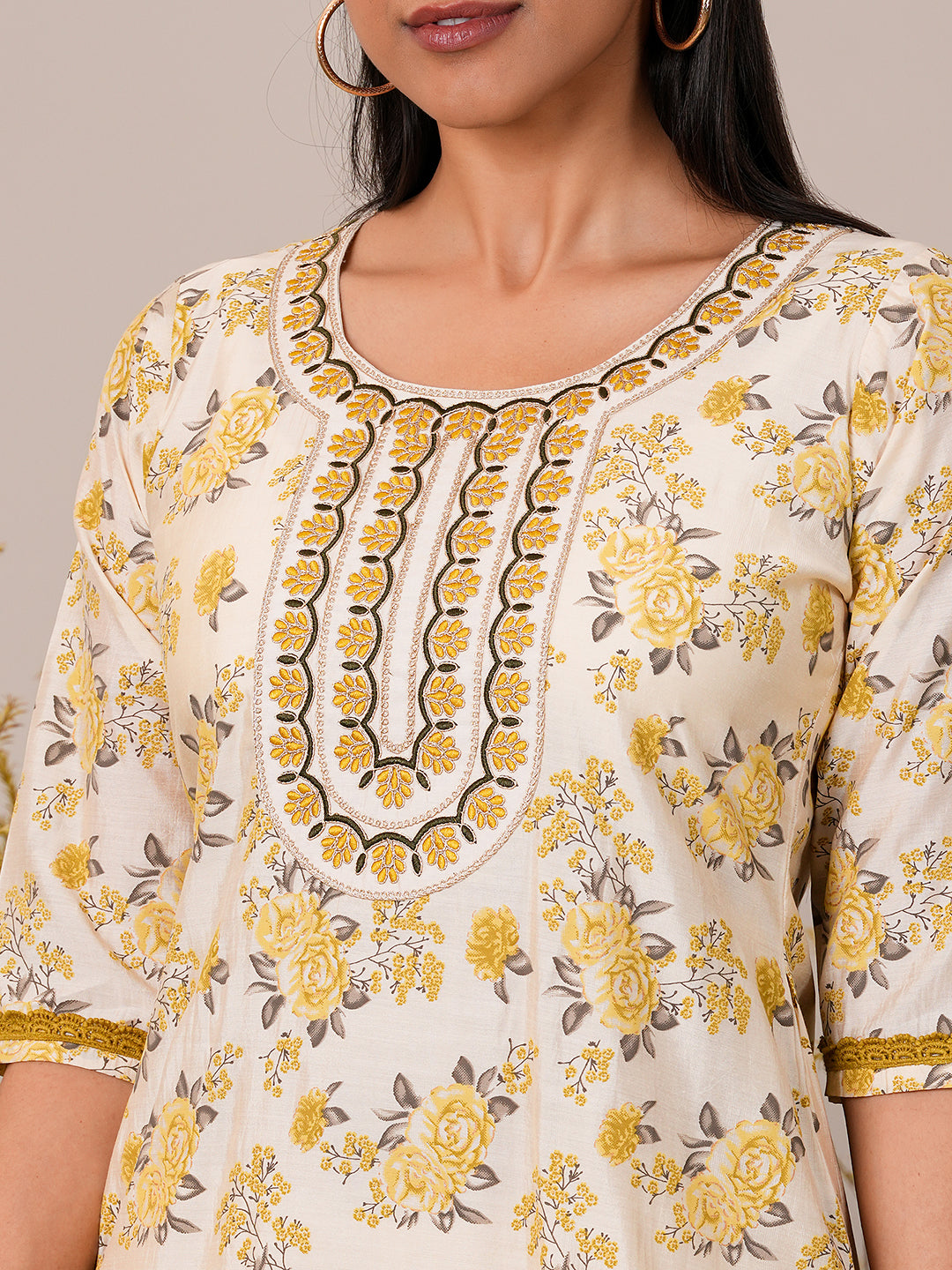  Beige Printed Chanderi Silk Straight Kurta With Trousers 