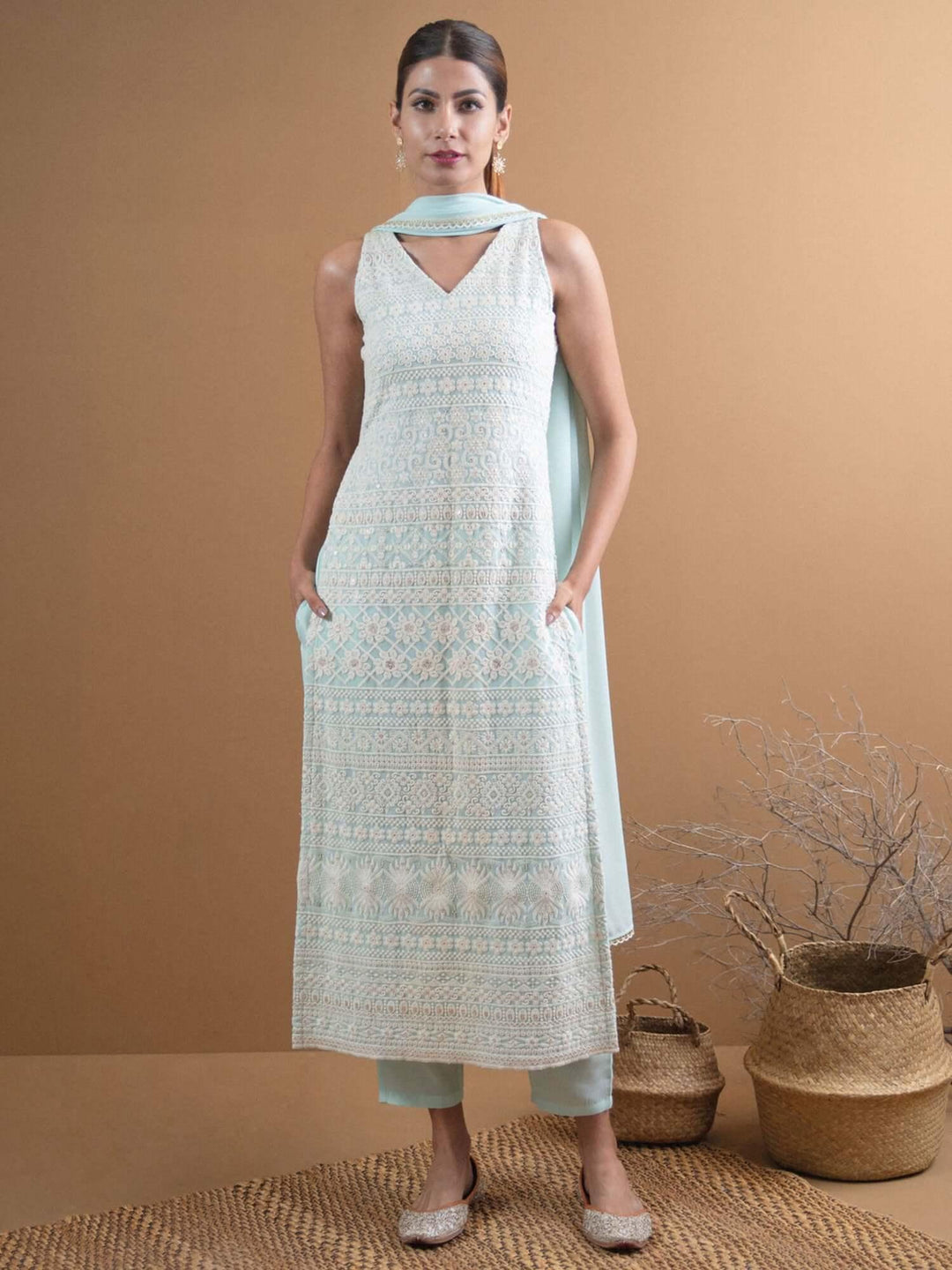  AAVYA Blue Embroidered Georgette Suit Set 