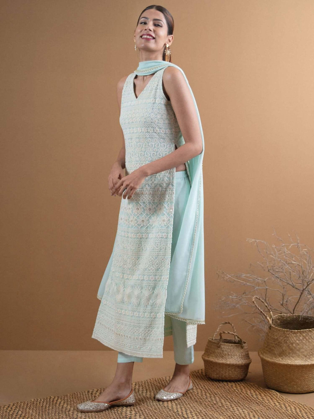  AAVYA Blue Embroidered Georgette Suit Set 