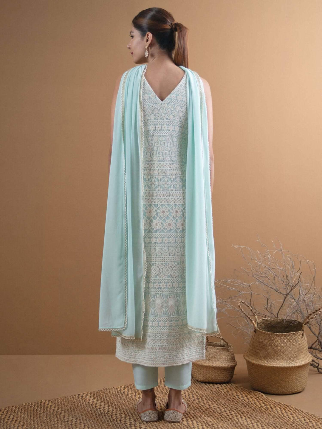  AAVYA Blue Embroidered Georgette Suit Set 