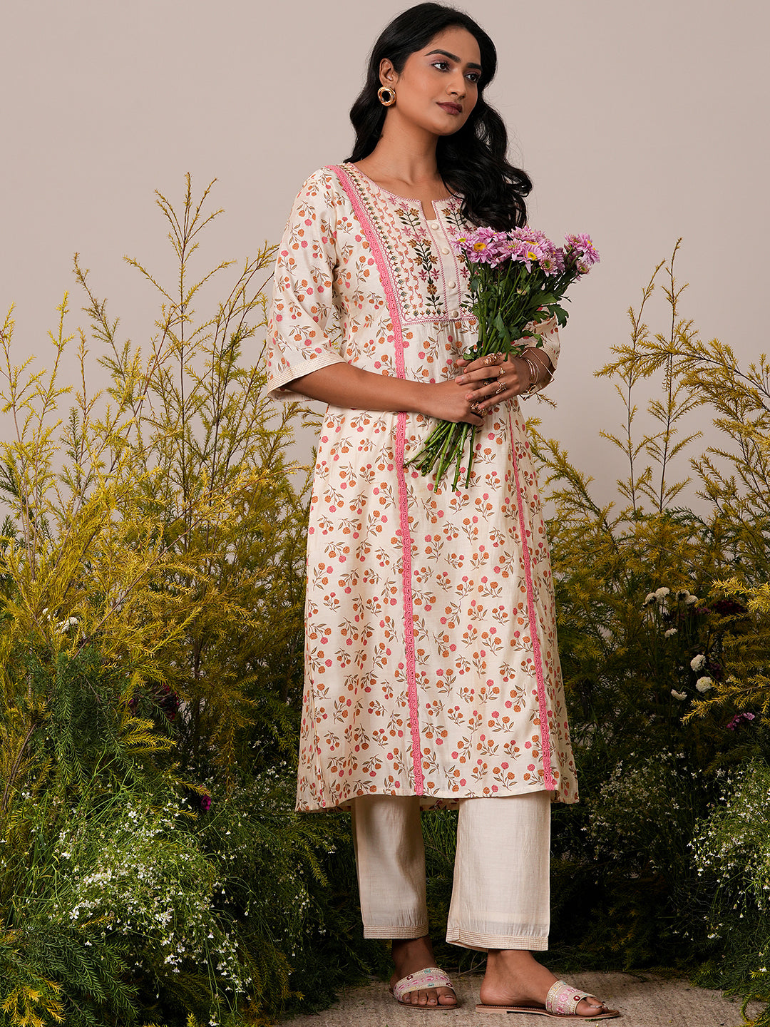  Beige Printed Chanderi Silk A-Line Kurta With Palazzos 