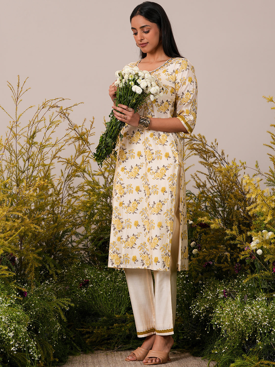  Beige Printed Chanderi Silk Straight Kurta With Trousers 