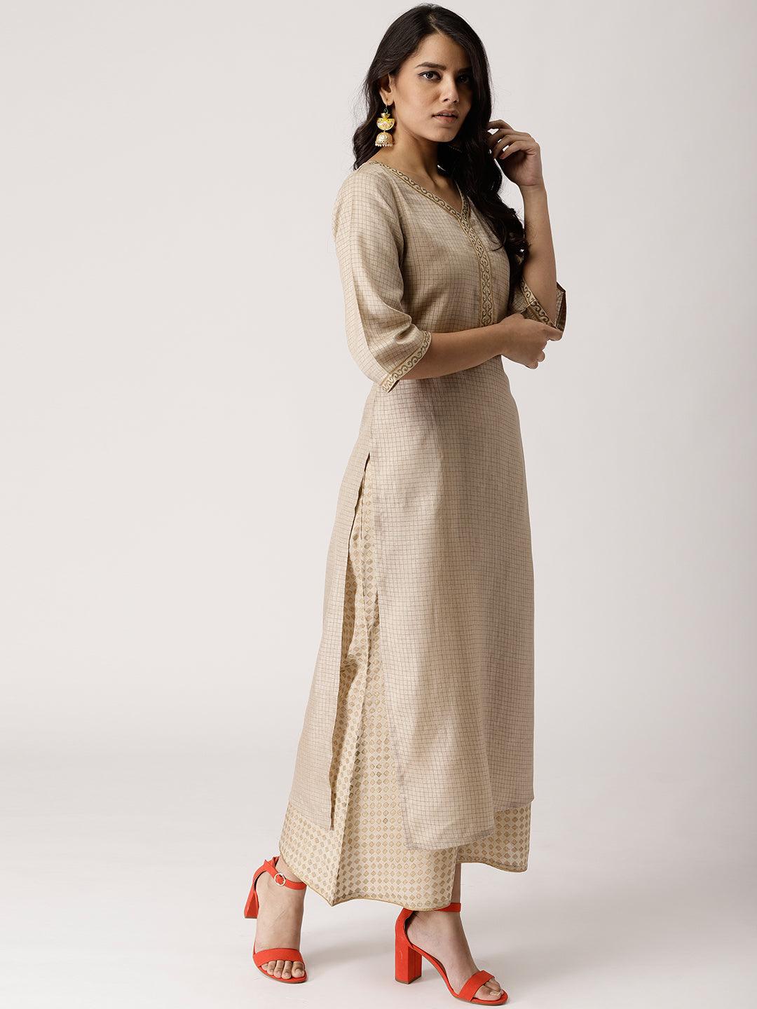 Beige Checkered Chanderi Kurta Set - Libas 