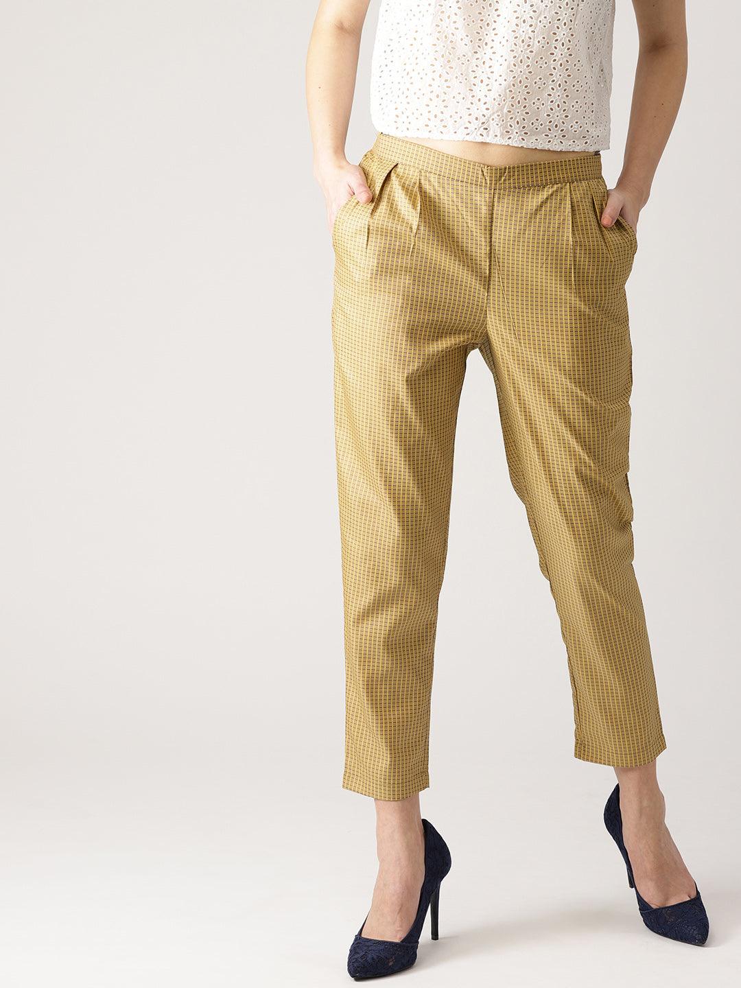 Beige Checkered Polyester Trousers - Libas 