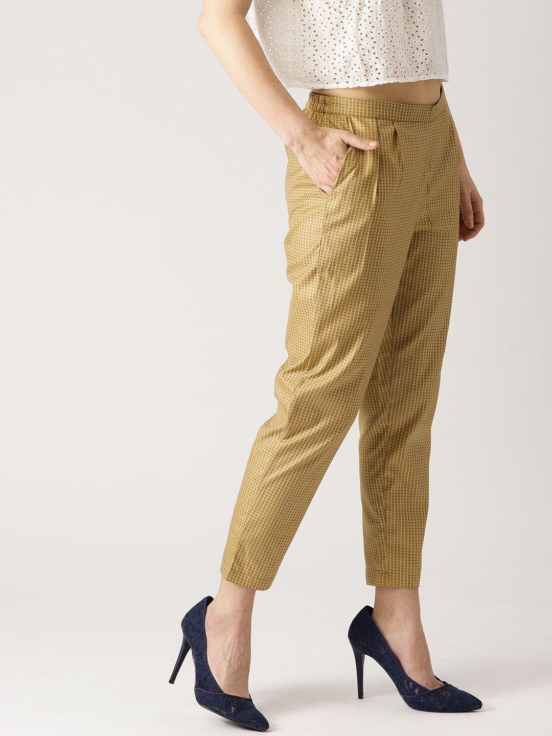 Beige Checkered Polyester Trousers - Libas 