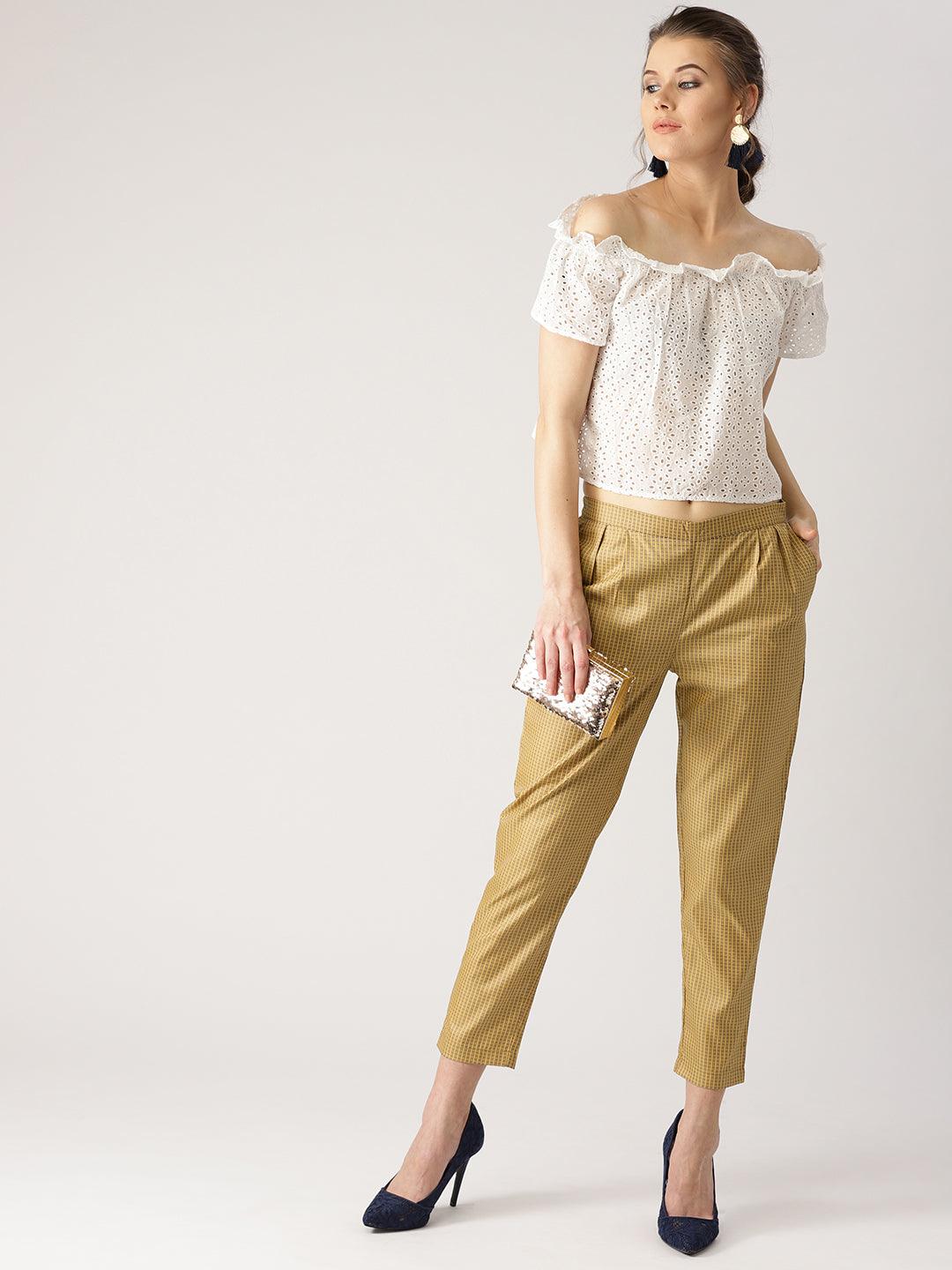 Beige Checkered Polyester Trousers - Libas 