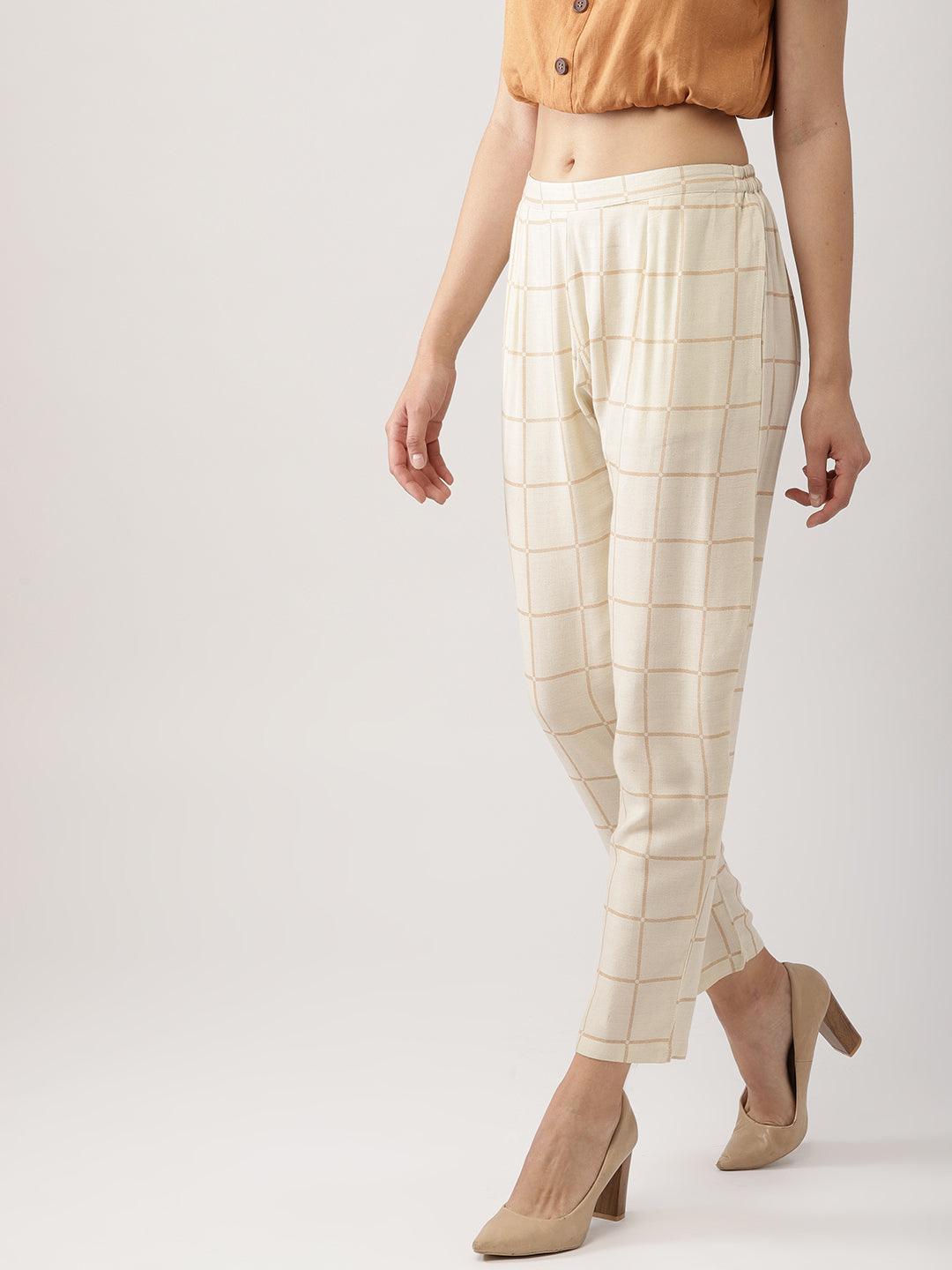Beige Checkered Rayon Trousers - Libas 