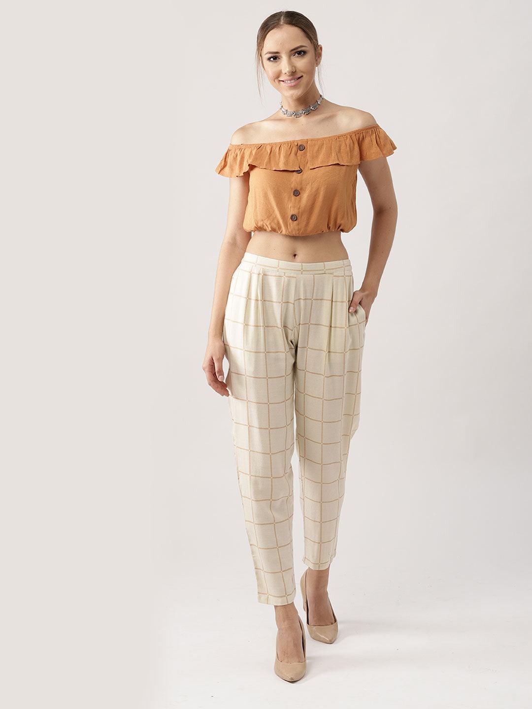 Beige Checkered Rayon Trousers - Libas 