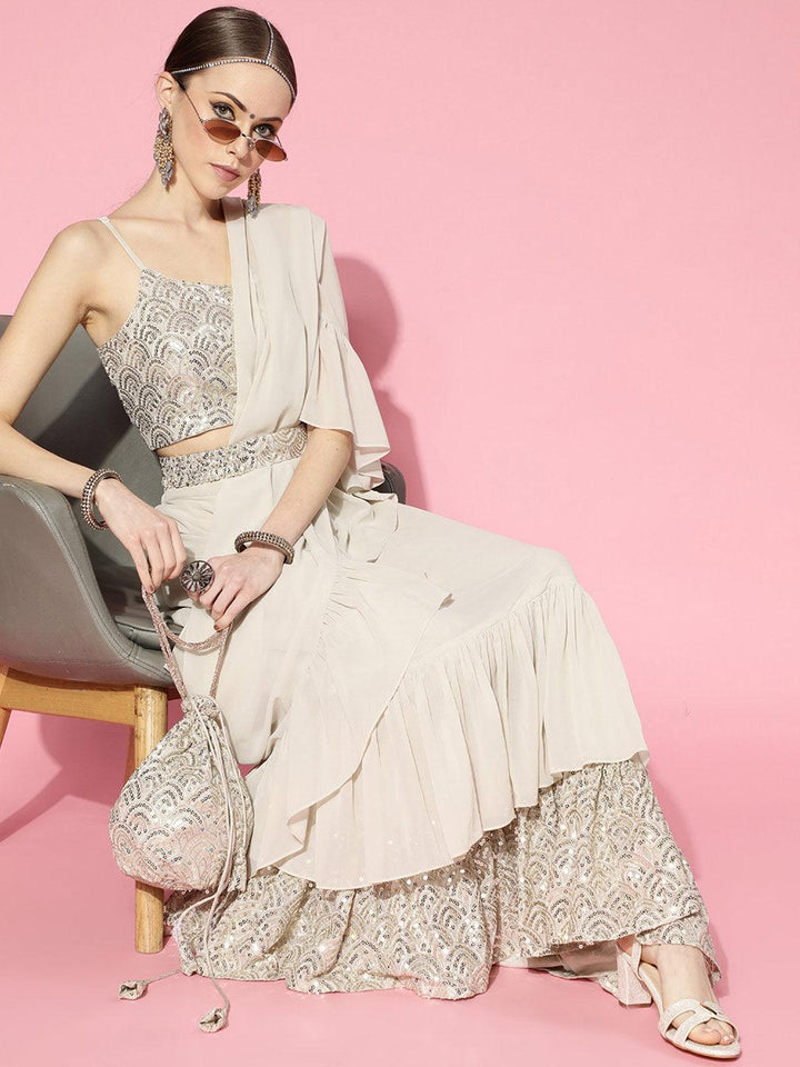 Beige Embellished Georgette Ready to Wear Saree - Libas