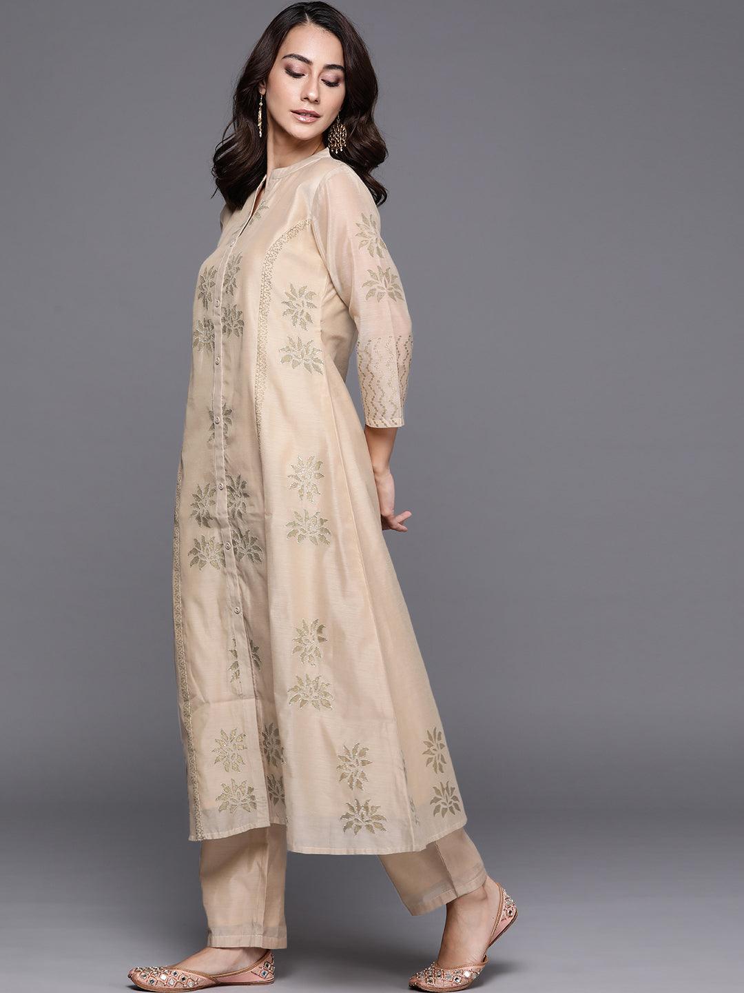 Beige Embroidered Chanderi Silk Suit Set - Libas 