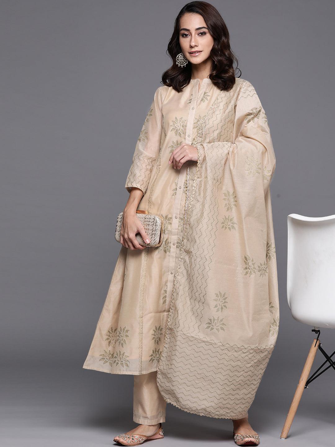 Beige Embroidered Chanderi Silk Suit Set - Libas 