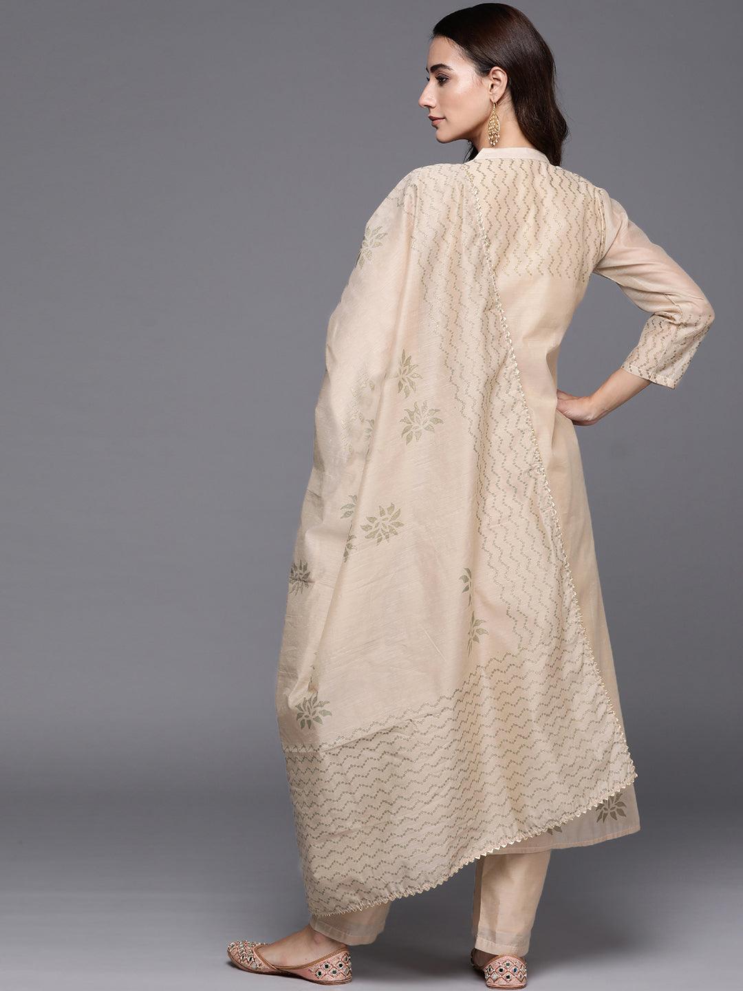 Beige Embroidered Chanderi Silk Suit Set - Libas 