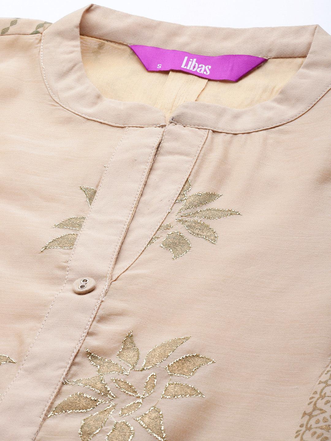 Beige Embroidered Chanderi Silk Suit Set - Libas 
