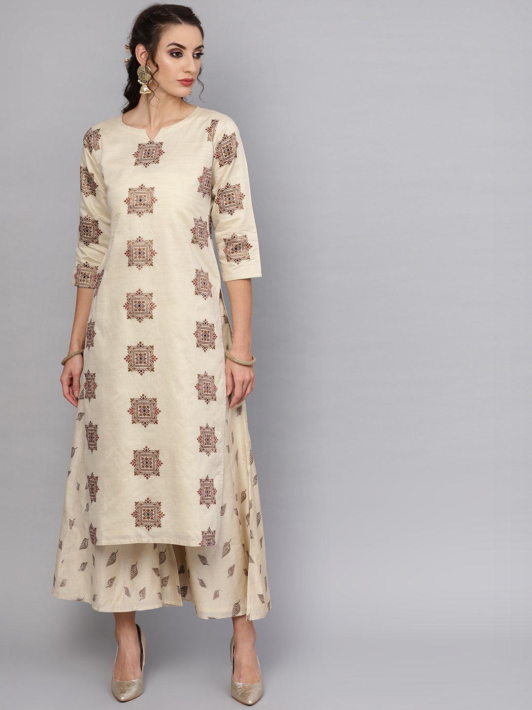 Beige Embroidered Chanderi Kurta Set - Libas 