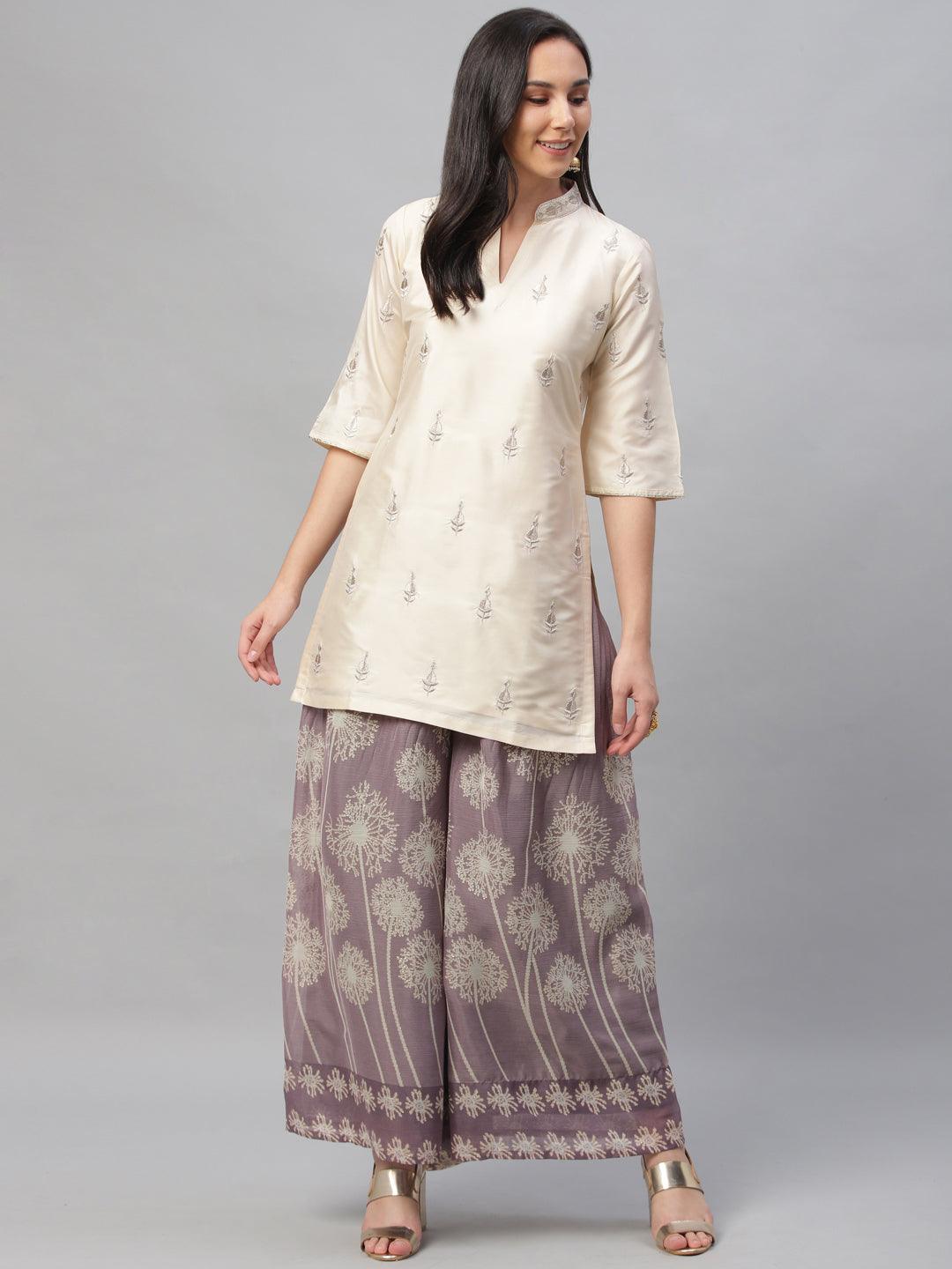Beige Embroidered Chanderi Kurta Set - Libas 