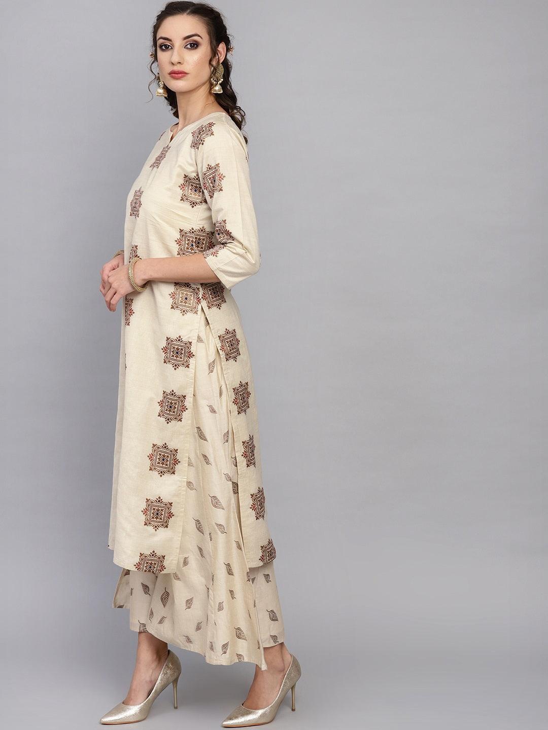 Beige Embroidered Chanderi Kurta Set - Libas 