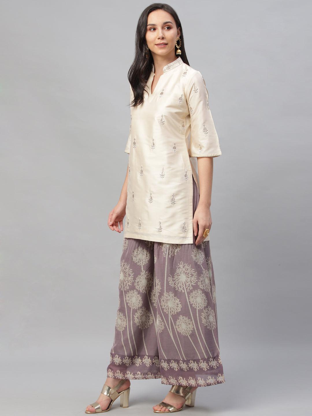 Beige Embroidered Chanderi Kurta Set - Libas 