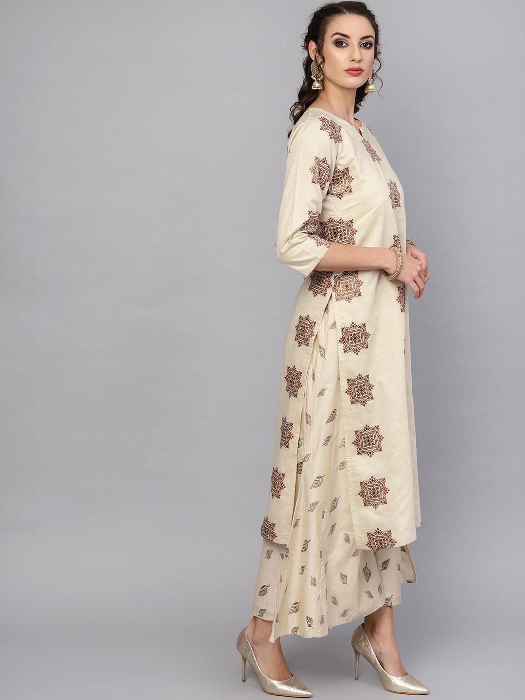 Beige Embroidered Chanderi Kurta Set - Libas 