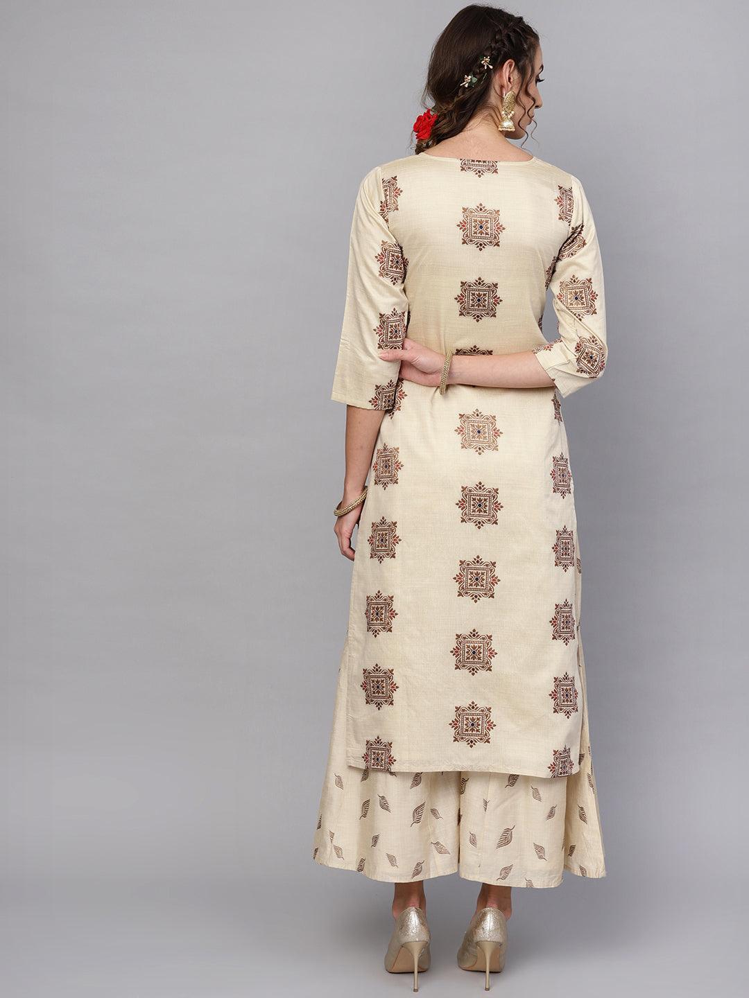 Beige Embroidered Chanderi Kurta Set - Libas 