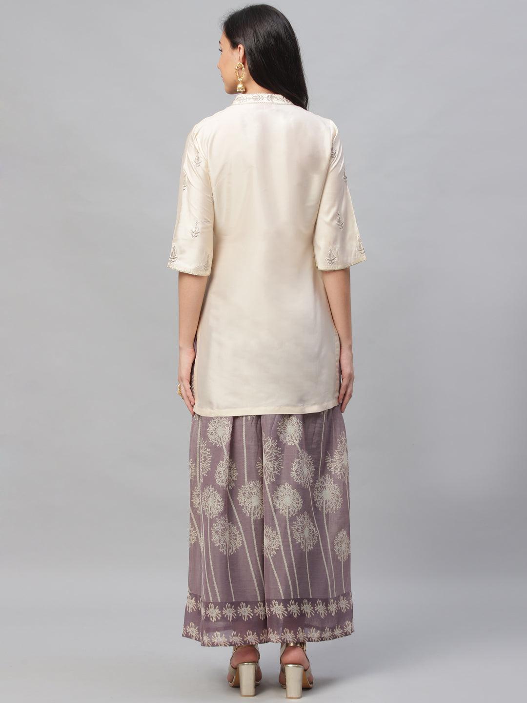 Beige Embroidered Chanderi Kurta Set - Libas 