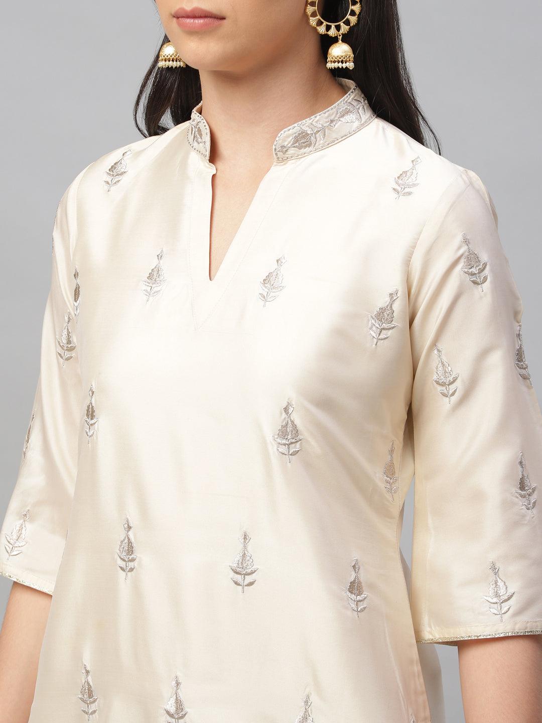 Beige Embroidered Chanderi Kurta Set - Libas 