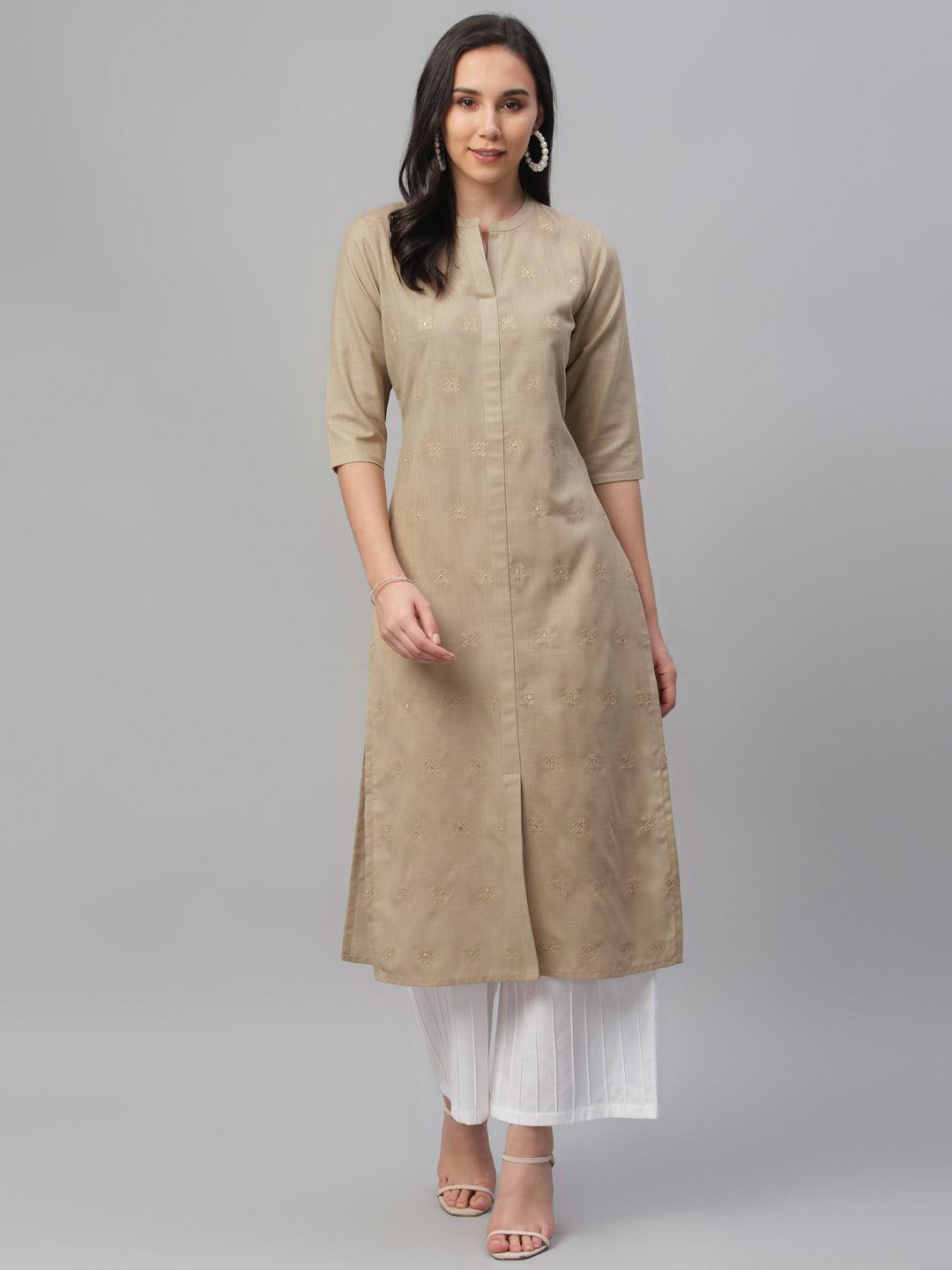 Beige Embroidered Cotton Kurta - Libas 
