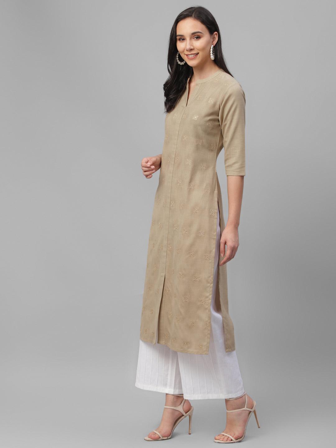 Beige Embroidered Cotton Kurta - Libas 