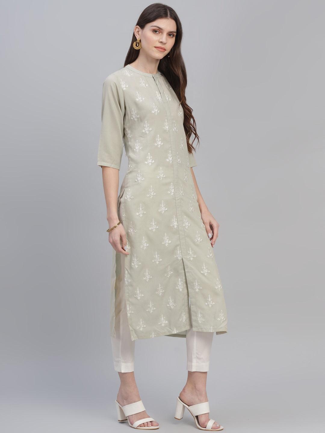 Beige Embroidered Cotton Kurta - Libas 