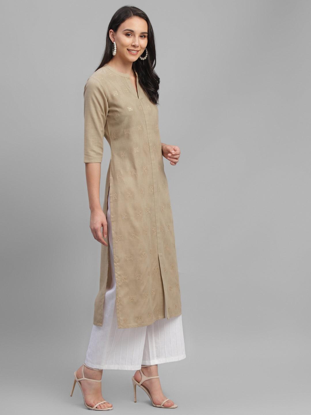 Beige Embroidered Cotton Kurta - Libas 
