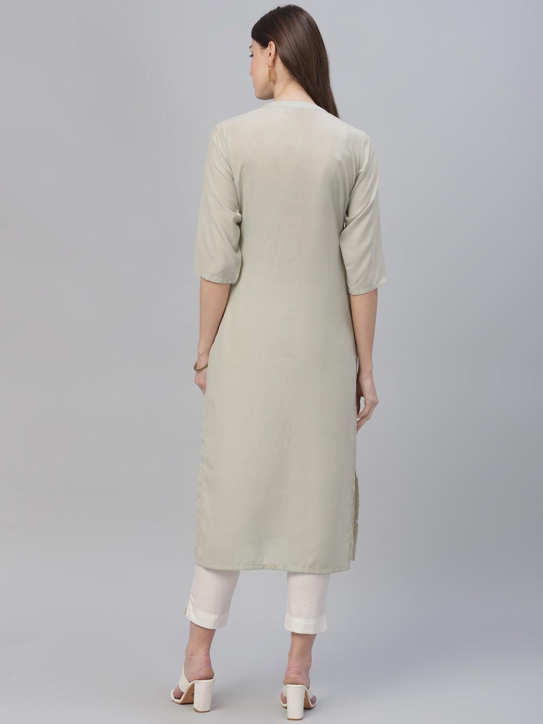 Beige Embroidered Cotton Kurta - Libas 