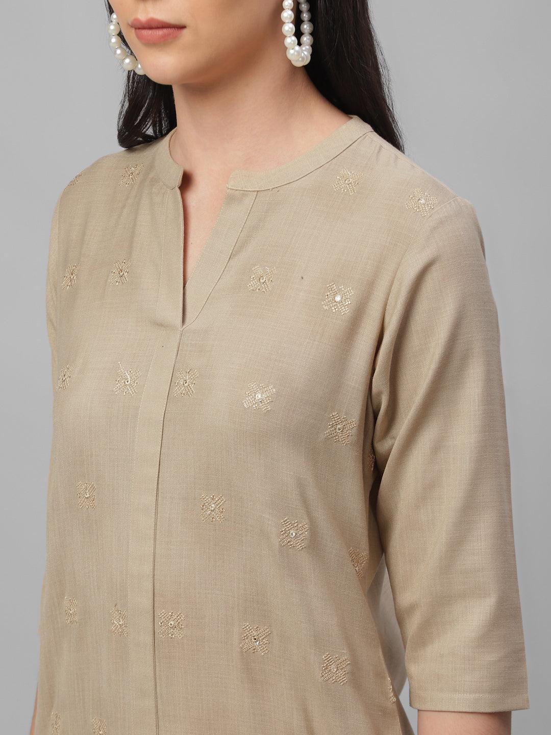 Beige Embroidered Cotton Kurta - Libas 