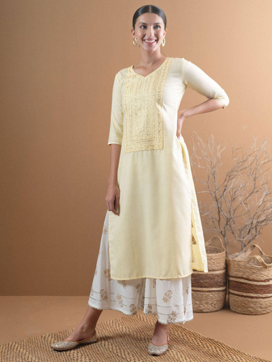 Beige Embroidered Cotton Kurta With Mask - Libas 