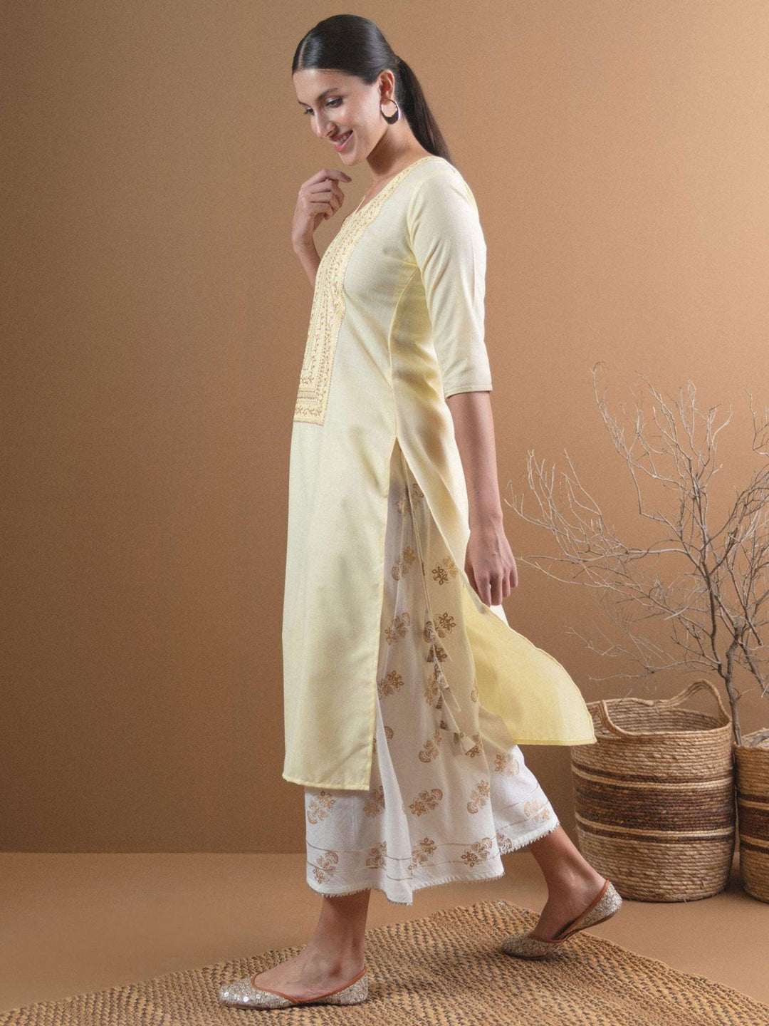 Beige Embroidered Cotton Kurta With Mask - Libas 