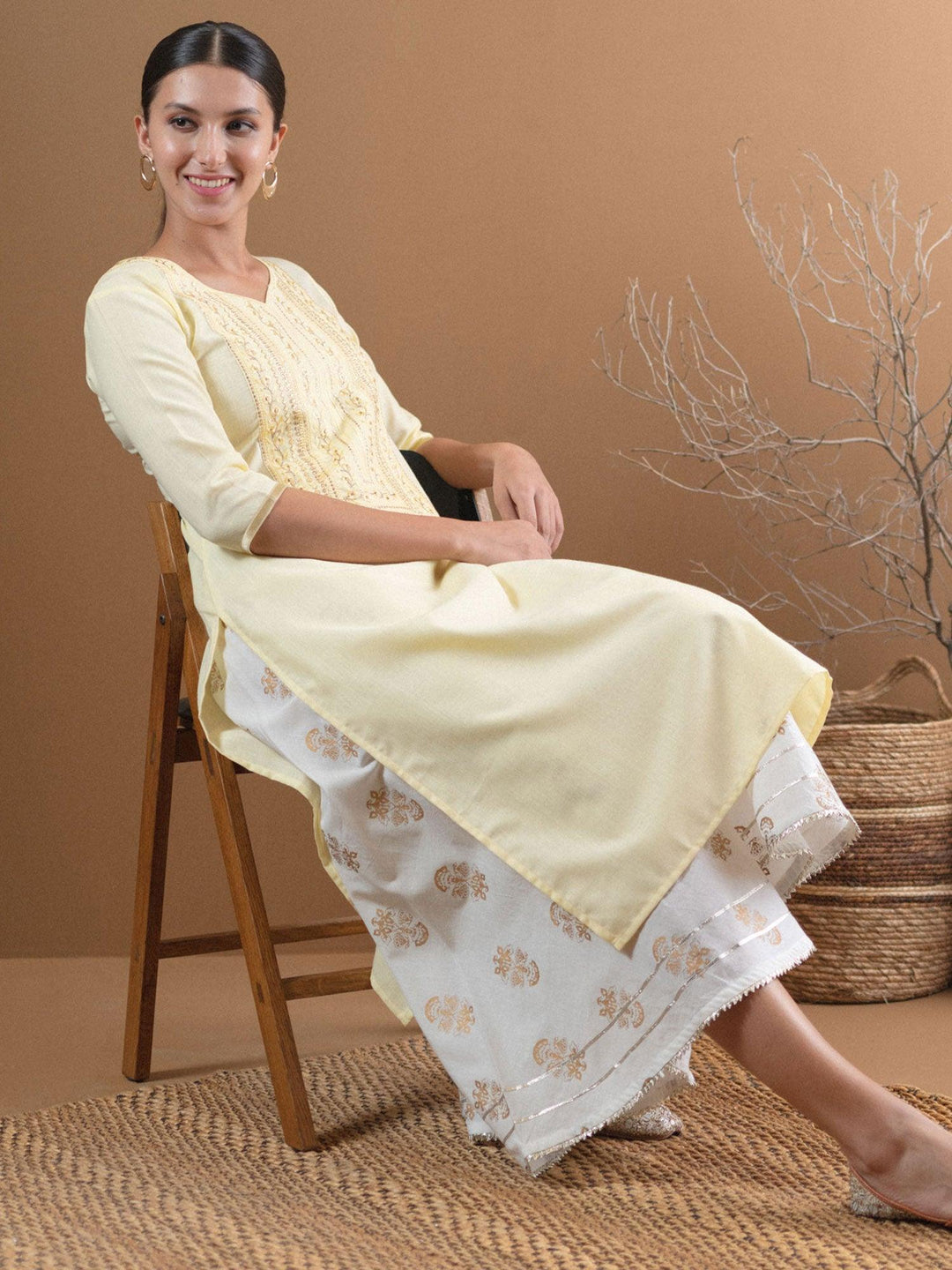 Beige Embroidered Cotton Kurta With Mask - Libas 