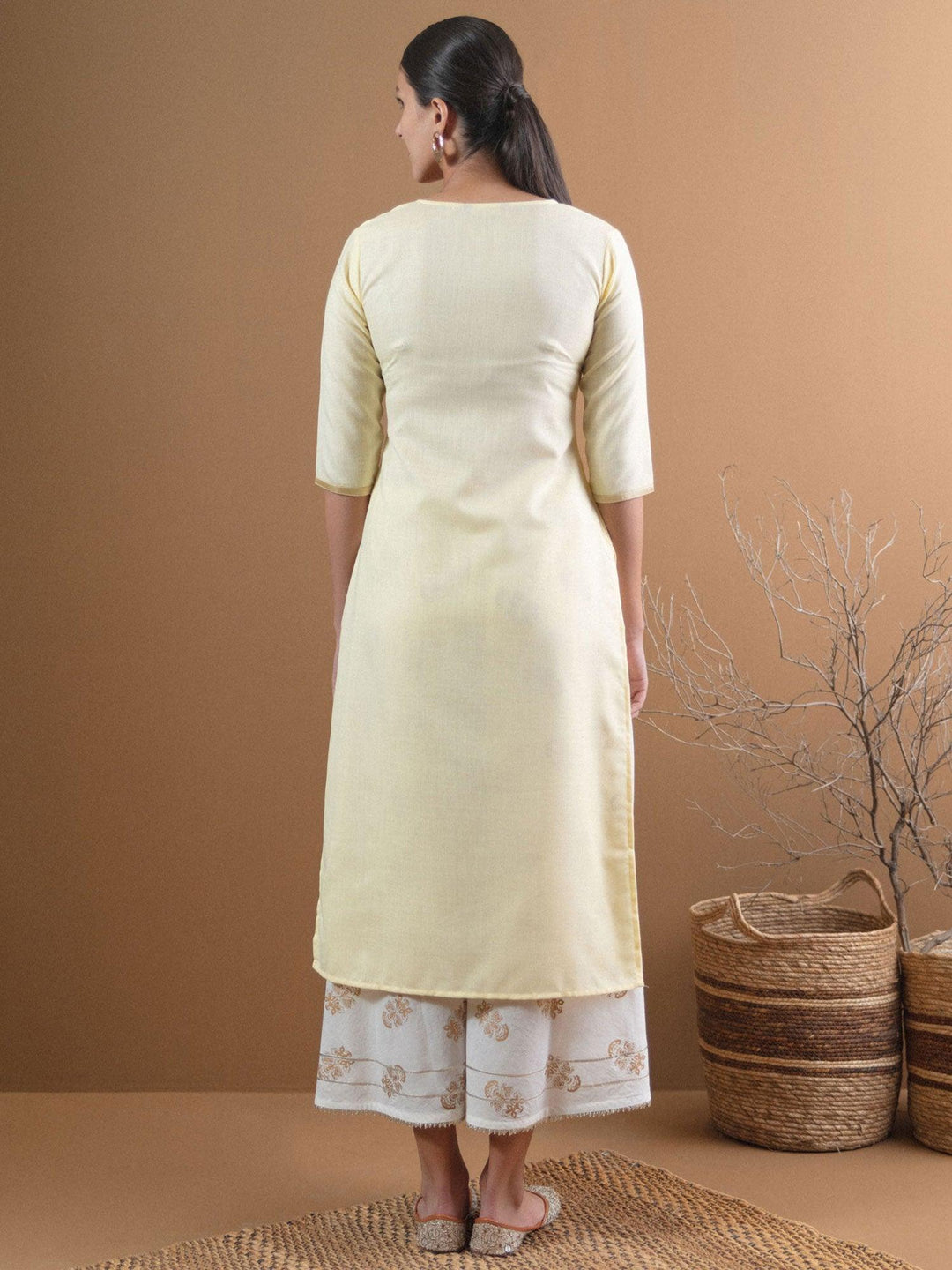 Beige Embroidered Cotton Kurta With Mask - Libas 