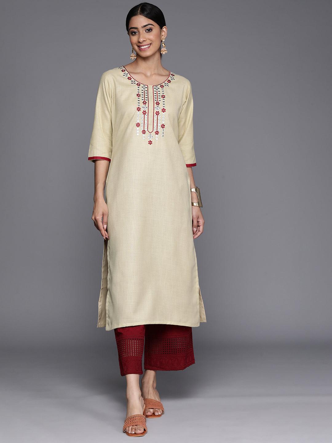 Beige Embroidered Cotton Straight Kurta - Libas 