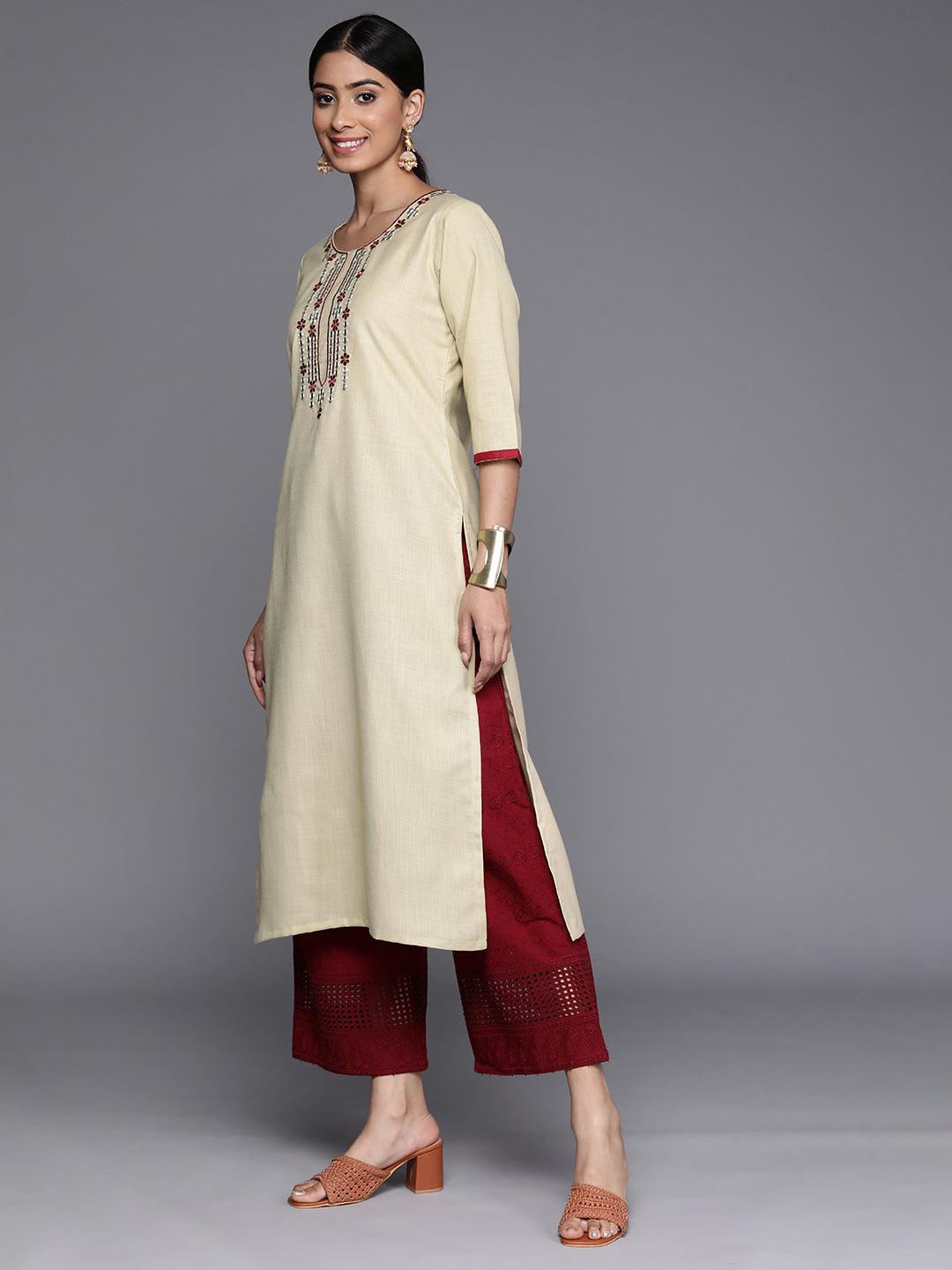 Beige Embroidered Cotton Straight Kurta - Libas 