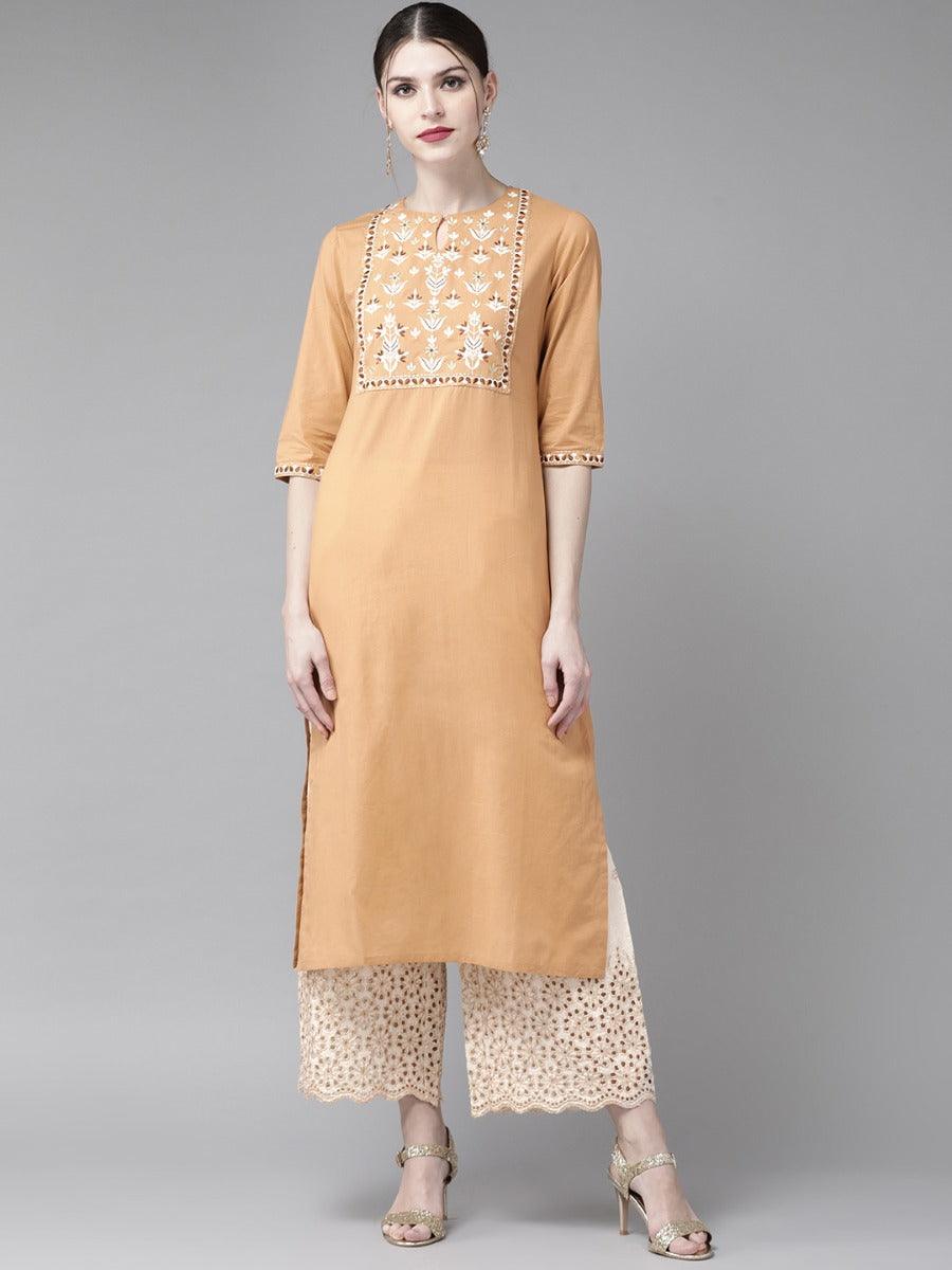 Beige Embroidered Cotton Kurta Set - Libas 