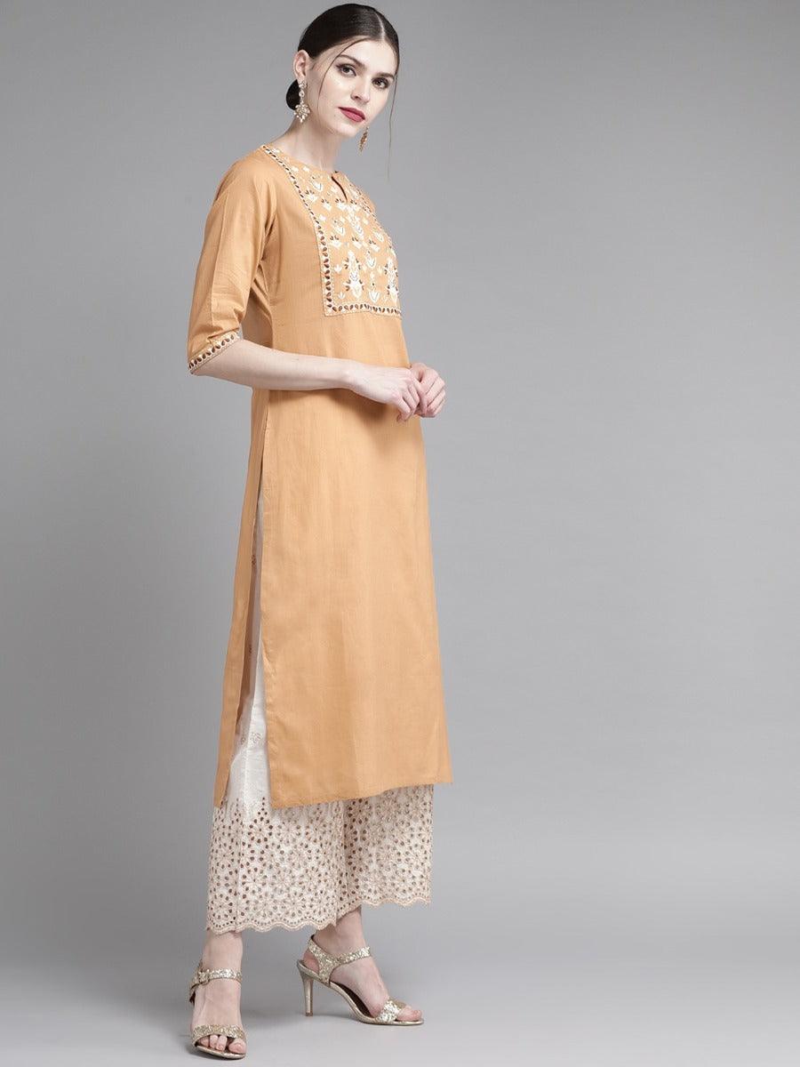 Beige Embroidered Cotton Kurta Set - Libas 