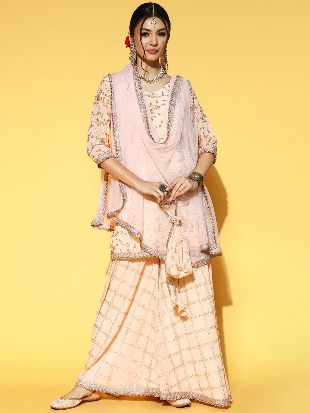 Beige Embroidered Georgette Suit Set - Libas 