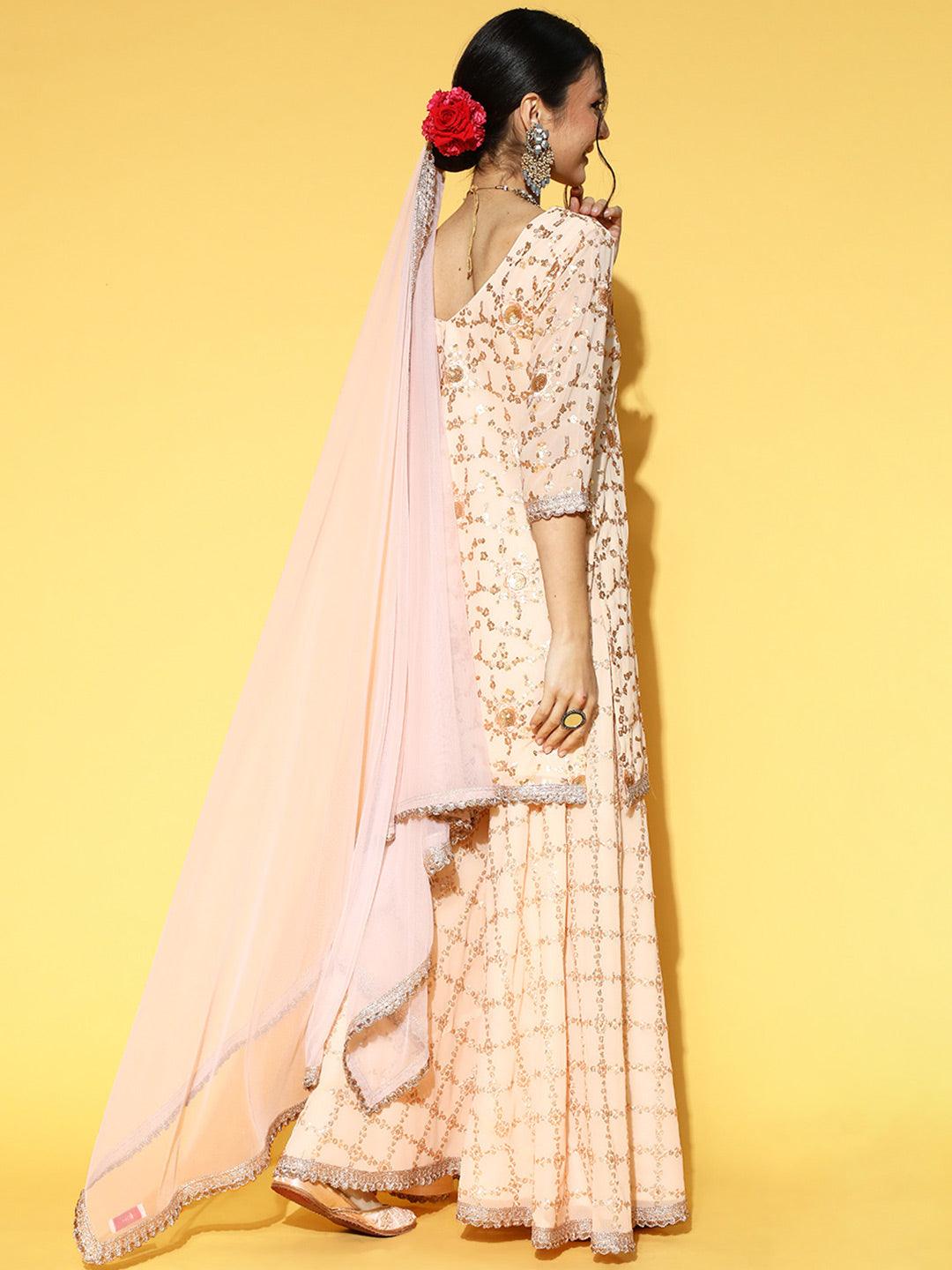 Beige Embroidered Georgette Suit Set - Libas 